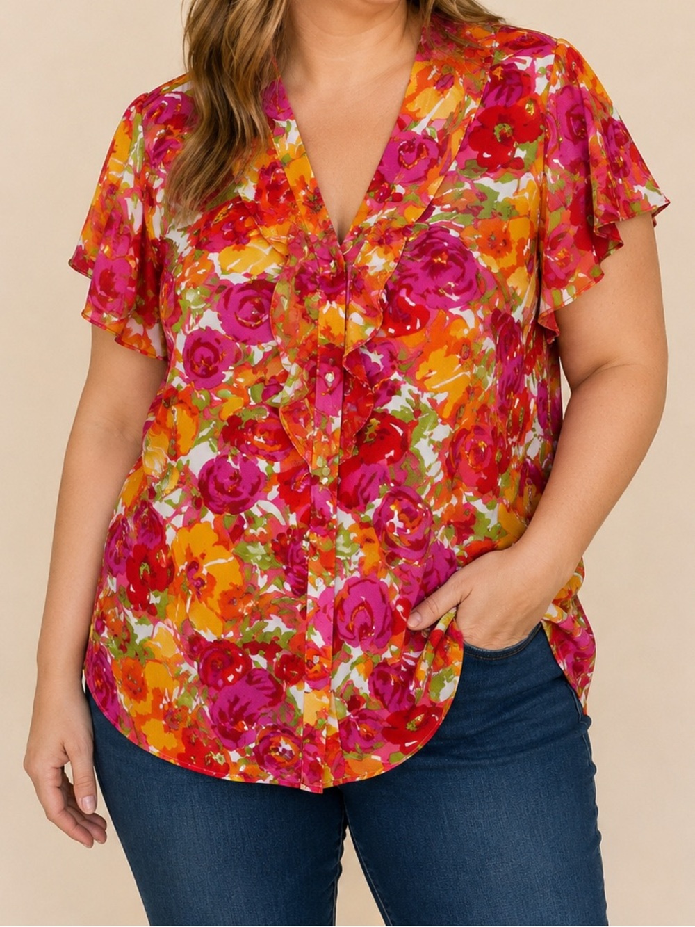 Notations | Floral V-Neck Ruffle Flutter Sleeve Blouse | Size XL | NWOT | Bright